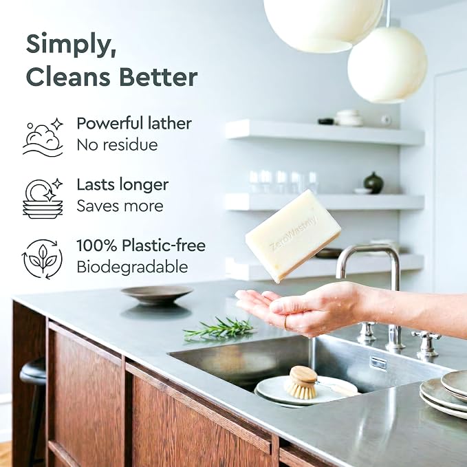 ZeroWastely Natural Dish Soap Bar - Value Pack of 3 Solid Soap Block 16oz - Lemon Scented, Long Lasting, Skin Friendly - Sustainably Made from 100% Organic Ingredients - Plastic Free Dish Soap