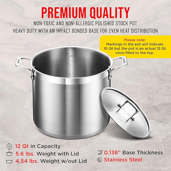 Stainless Steel Stockpot with Lid 12 Quart, Durable 18/8 Stainless Steel - Image 6