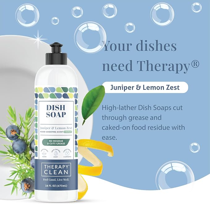 Therapy Clean Plant Based Dish Soap Liquid - Juniper & Lemon Zest fl. 16 oz - Non Toxic Dish Soap Liquid, All Natural Scent, Organic Dishwashing Cleaner and Detergent for Kitchen