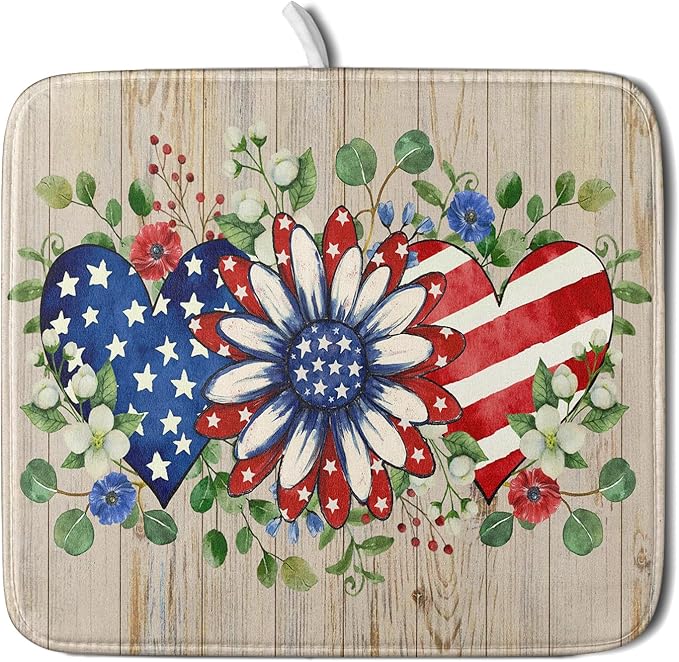 Independence Day Dish Drying Mat 16x18 inch Patriotic Love Heart Fast Dry by Giwawa