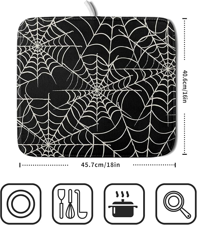 Halloween Dish Drying Mat for Kitchen Counter 16x18 Spider Web Black Holiday - Image 2
