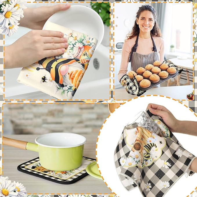 Fourluoo 10 Pcs Bee Kitchen Decor Set 4 Kitchen Towels 2 Pot Holders 2 Oven - Image 2