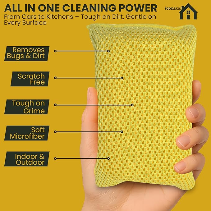 Iconikal 6-Pack Bug Scrubber Sponge 5.9x3.5-Inch Yellow Microfiber Large Car - Image 3