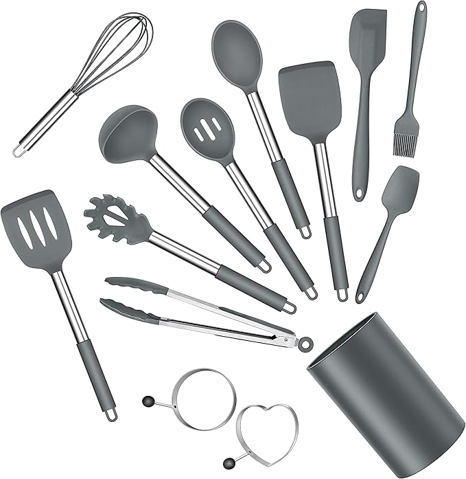 Silicone Cooking Utensils Set, E-far 14-Piece Gray Kitchen Utensils Set by E-far