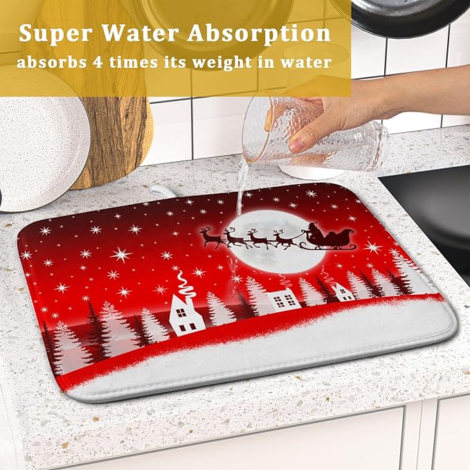 Christmas Reindeer Moon Star Red Dish Drying Mat - Image 7