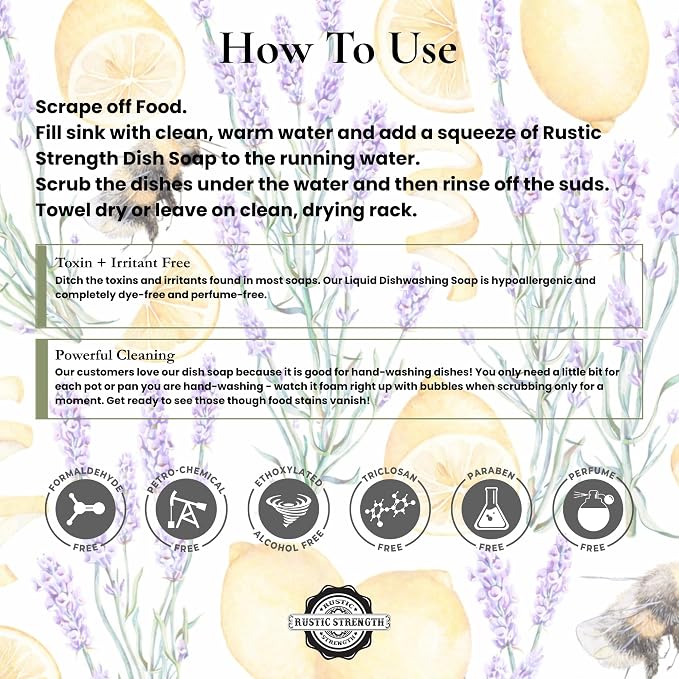 Rustic Strength Lavender and Lemon Dish Soap, Gallon Plastic | Concentrated Formula, For Dishes and Cookware,Helps Lift Grease and Food Residue