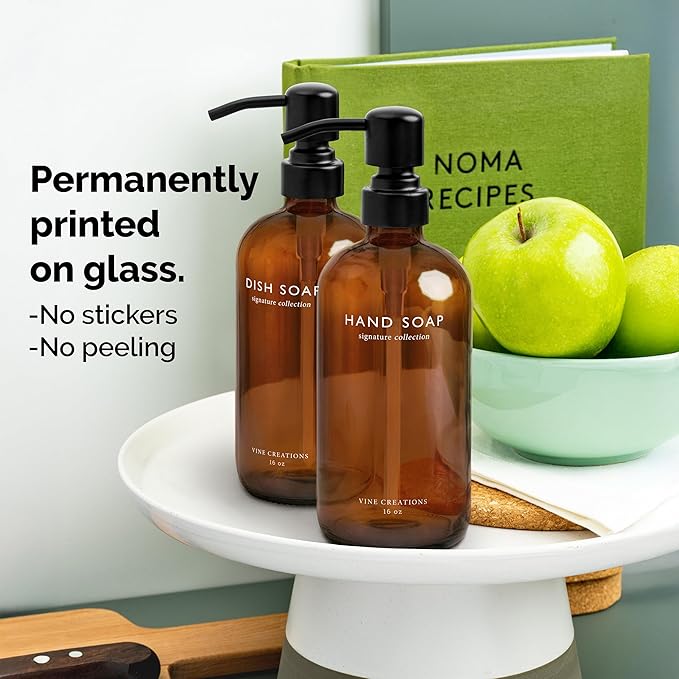 Vine Creations Amber Glass Soap Dispenser Set, Dish Soap and Hand Soap - Image 3