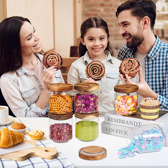Small Glass Jars with Labels Spice Jar Round Storage Canister with Wooden Lid - Image 5