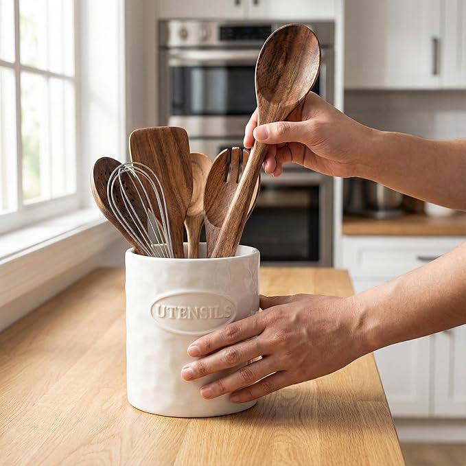 White Utensil Holder Set of 2 Ceramic Cooking Utensil Crock Modern Kitchen - Image 6