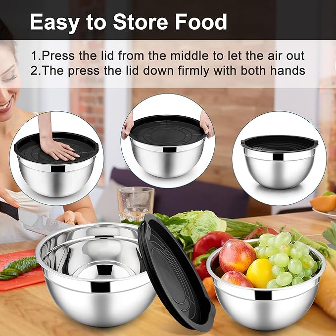 E-far Mixing Bowls with Lids, 6-Piece Stainless Steel Salad Bowls Metal Nesting - Image 7