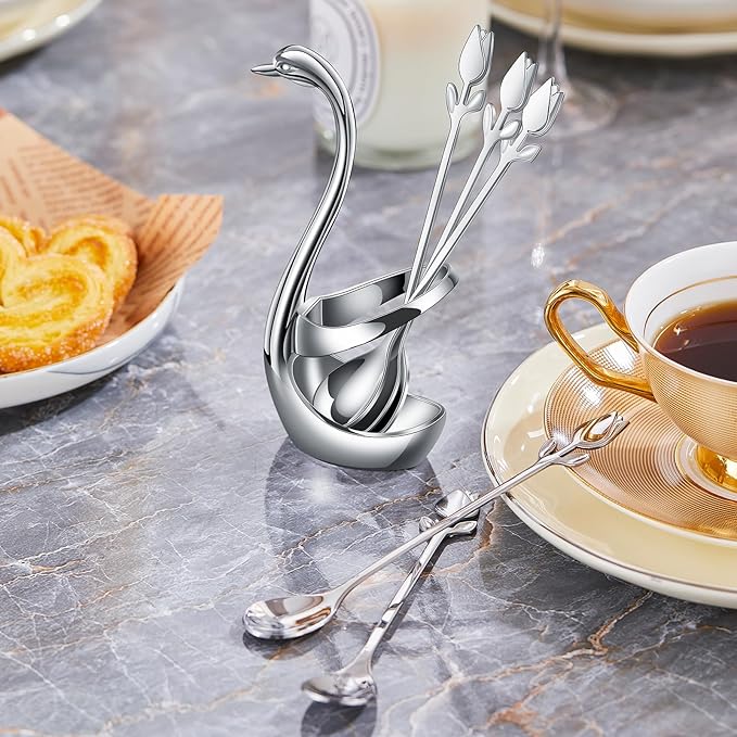 Silver Small Coffee Spoon Holder Set, Swan Base - Image 9