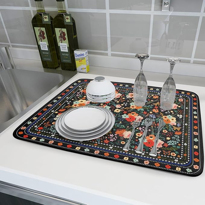 Floral Microfiber Dish Drying Mat Large Absorbent Dish Drainer Rack Pad - Image 6