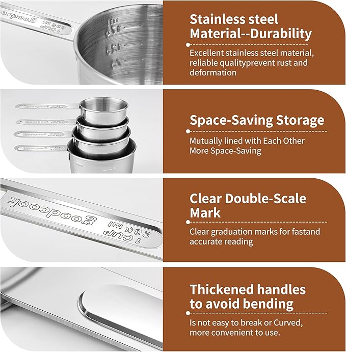 Measuring Cups and Spoons Set, Stainless Steel Measuring，4 Spoons, 4 Cups - Image 3