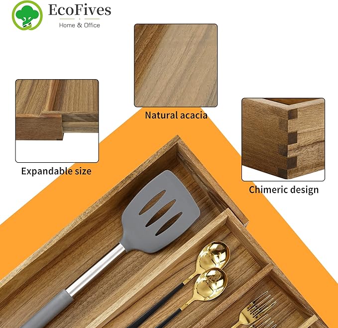 EcoFives Luxury Acacia Silverware Organizer -Kitchen Drawer Organizer - Image 5