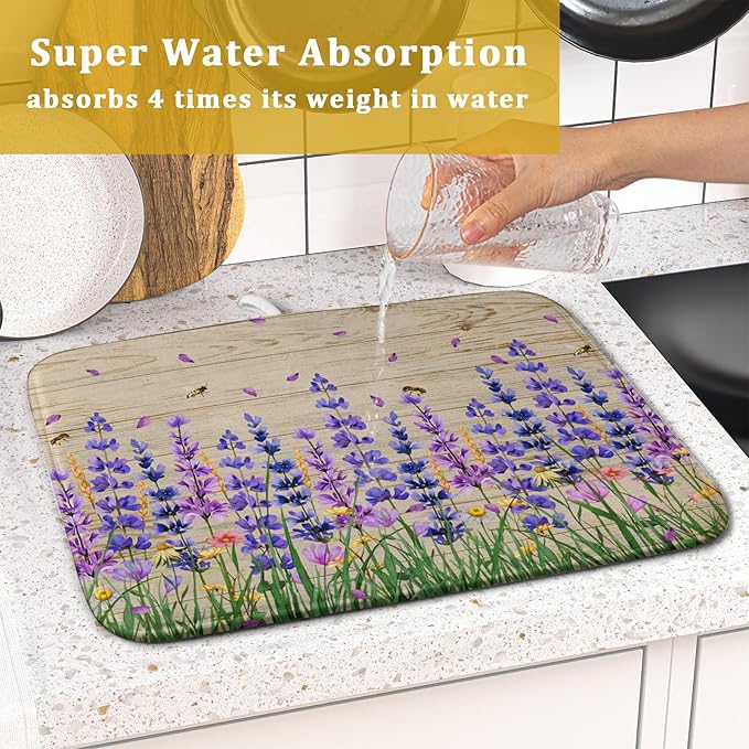 Lavender Floral Dish Drying Mat 16x18 inch Spring Summer Flower Decorative Fast - Image 7