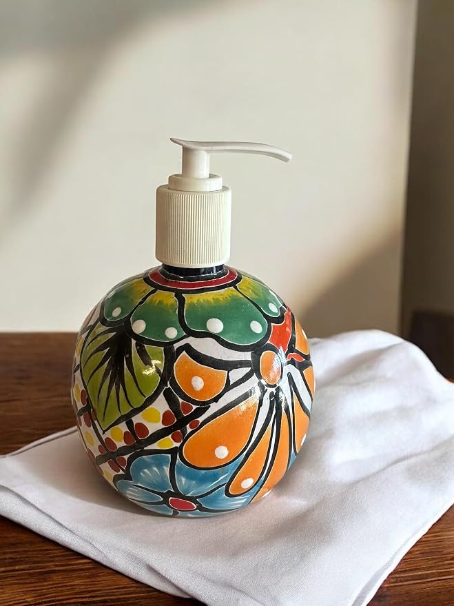 Colorful Talavera Soap Dispenser - Handcrafted Mexican Pottery for Kitchen or Bathroom Decor, 6” Tall
