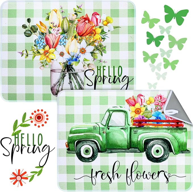 SiliFine 2 Pcs Dish Drying Mat for Kitchen, Spring Floral Absorbent Microfiber by SiliFine