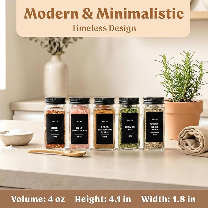 EDELHAUS Glass Spice Jars with Label and Black Aluminium Lids Spice Containers - Image 2