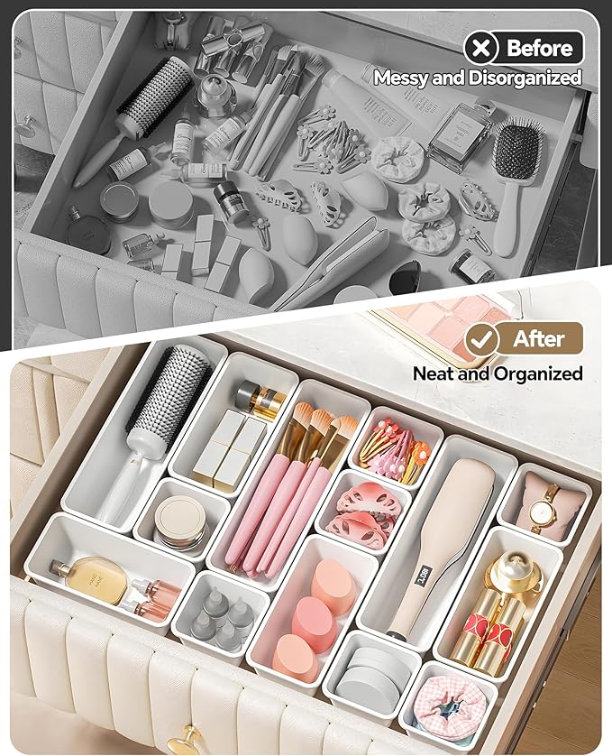 Canfanni 13 Pack Plastic Drawer Organizers Set, 3 Sizes Desk Drawer Organizer - Image 4