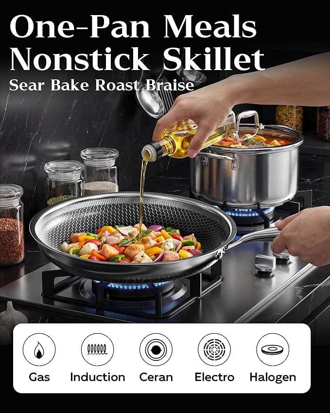 Honeycomb Stainless Steel Nonstick Frying Pan, Induction Cooktop Compatible - Image 4