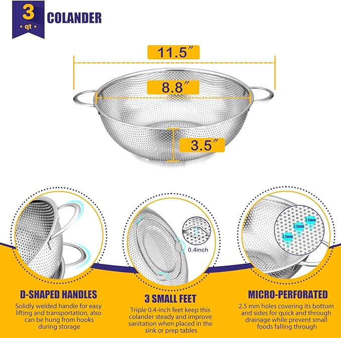 E-far Stainless Steel Colander, 3-Quart Micro-Perforated Metal Colander Strainer - Image 2
