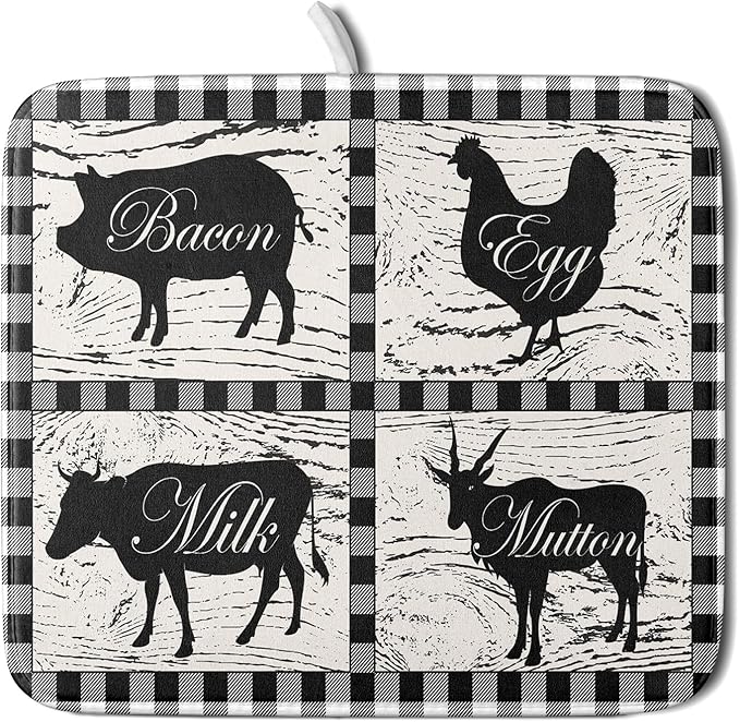 Farmhouse Animal Dish Drying Mat Buffalo Plaid Drainer Rack Mats Fast Dry by Giwawa