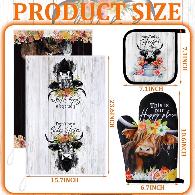 Bencailor 6 Pcs Cattle Kitchen Towels Oven Mitts and Pot Holders Set Decorative - Image 3