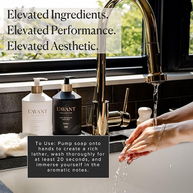 L'AVANT Collective Natural Dish Soap, Plant-Based, Fresh Linen, 16 Fl Oz | Plant-based formula, grease-cutting power, refillable glass pump bottle, kid and pet safe, cruelty-free, Fresh Linen scent