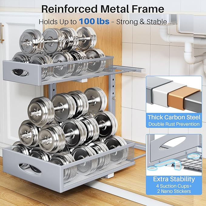 Under Sink Organizer, 2 Pack 2 Tier Pull Out Under Cabinet Organizer Shelf - Image 7