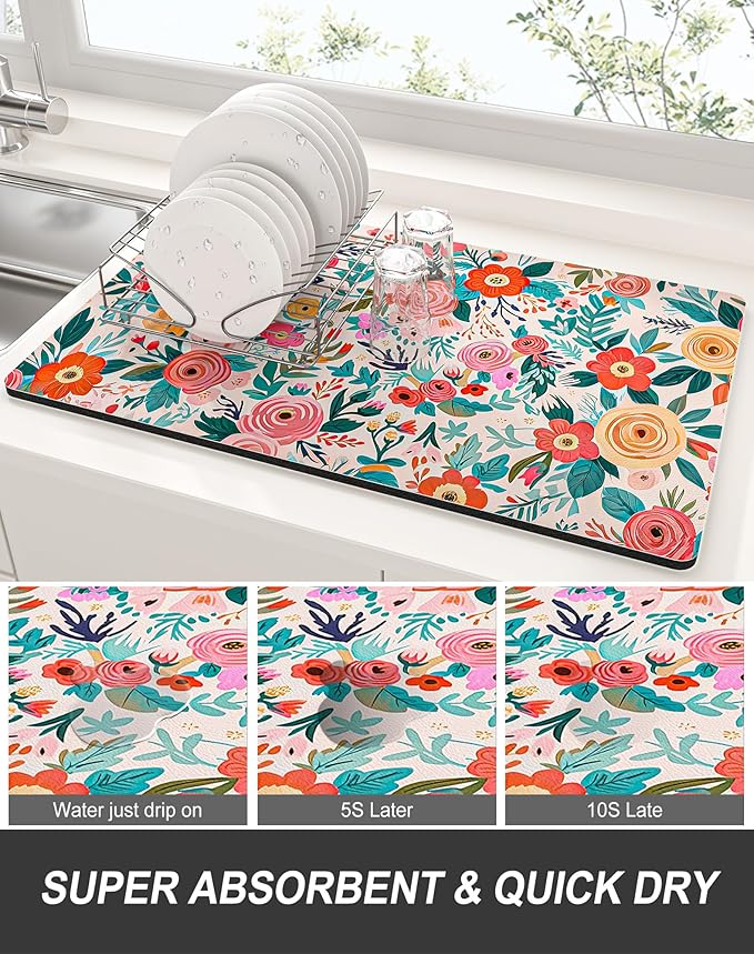 Rnivvi Dish Drying Mat for Kitchen Counter, XL 15 x 24" Cute Flower Super - Image 3