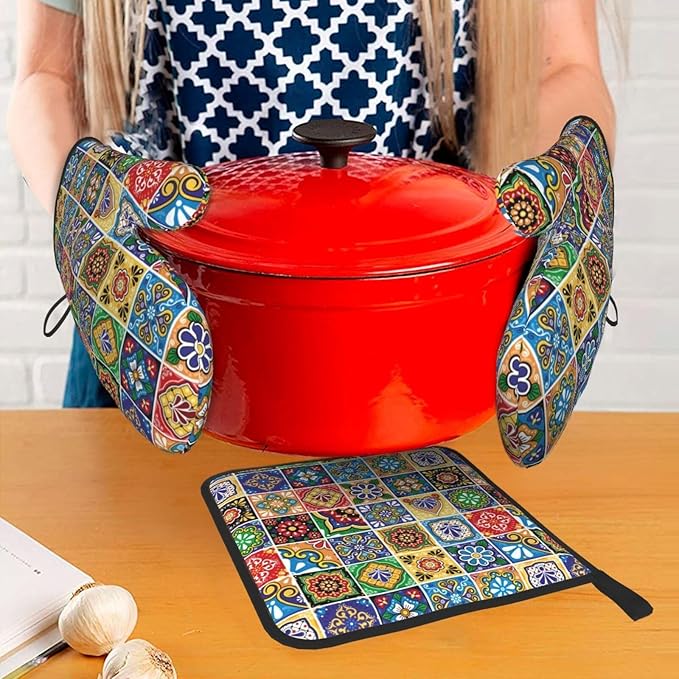 Mexican Talavera Tile Oven Mitts and Pot Holders Sets of 3, Heat Resistant - Image 3