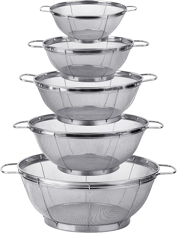 5 Pack 18/8 Stainless Steel Colander Sieves, Rinse or Steam by Tiawudi