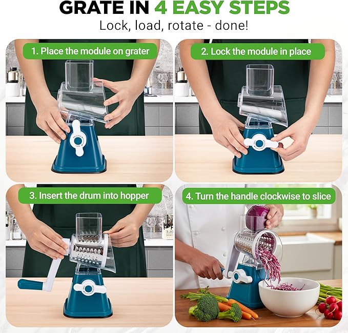 NutriChef 3 in 1 Cheese Grater & Shredder | Strong Suction Base, Rotary Handle - Image 2