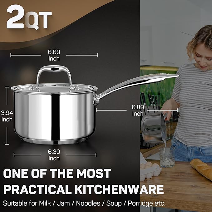 Ciwete 2 Quart Sauce Pan with Lid, Tri Ply Stainless Steel Saucepan 2 Qt with - Image 3