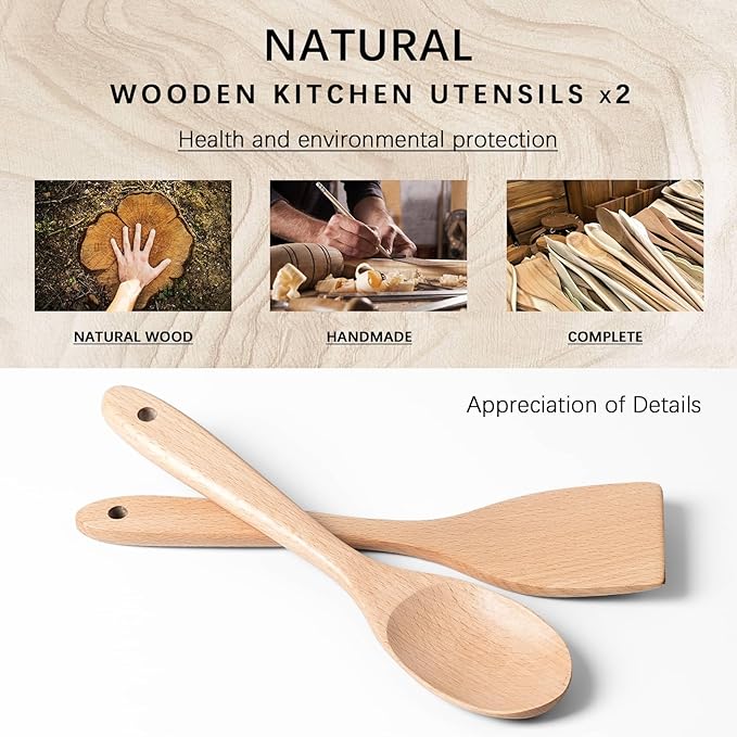 2pcs Wooden Spatula Spoon for Cooking, Thicker 12inch Coated Beech Wood Turners - Image 3