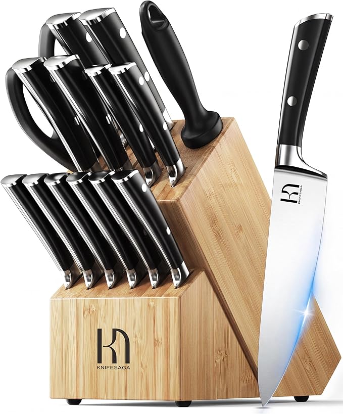 KnifeSaga Knife Set 15 Pcs Kitchen Knife Block Set, Enduring Razor-Sharp High by PushBoundariesforSharpness