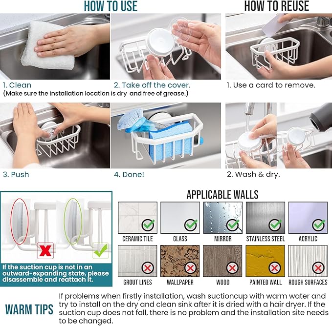 TAILI Sink Caddy with Strong Suction Cup, Sponge Holder - Image 7
