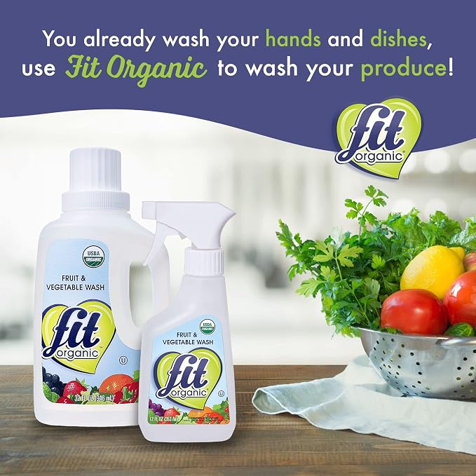 Fit Organic Produce Wash Soaker – USDA Certified Organic Fruit & Vegetable Cleaner, Tasteless & Odorless, Chemical-Free, Kosher, Safe for Family, Kids & Pets – 32 FL Oz (2-Pack)