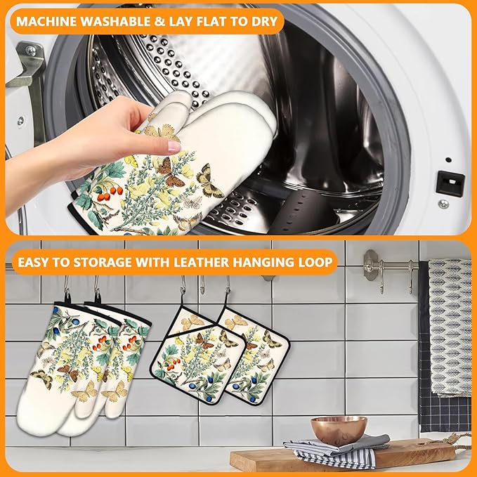 Wildflowers Butterfly Oven Mitts and Pot Holders Sets 4Pcs, Extra Long Oven - Image 5