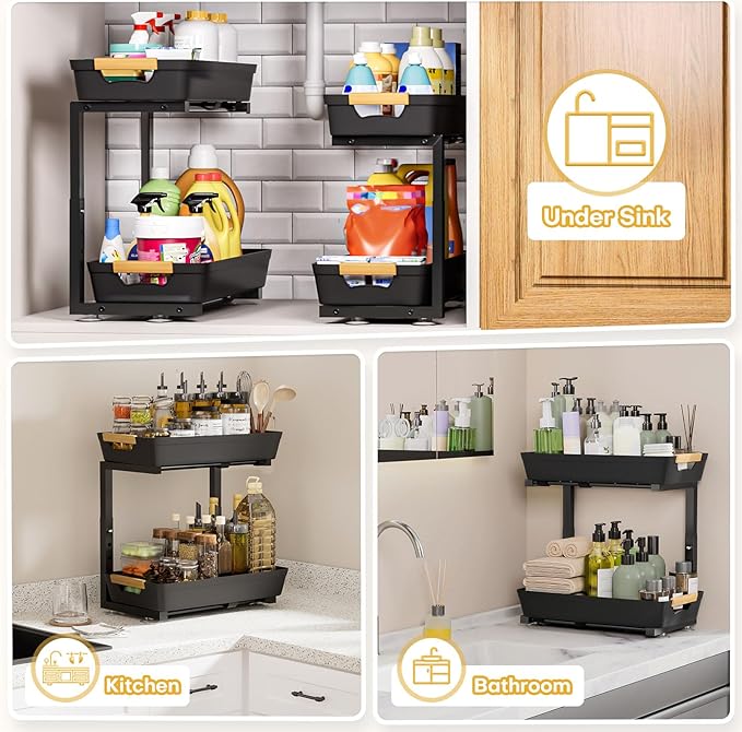 Homde 2-Tier Under Sink Organizer: 2pcs Set Adjustable Pull Out Drawer - Image 7