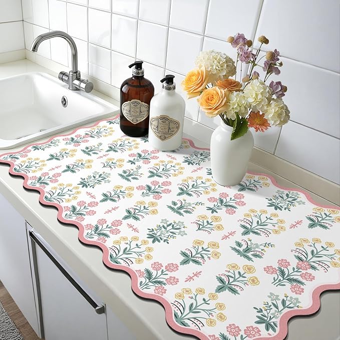 LOKHOM Scalloped Floral Dish Drying Mat, Cuttable Hide Stain Non-slip Drying Mat - Image 9