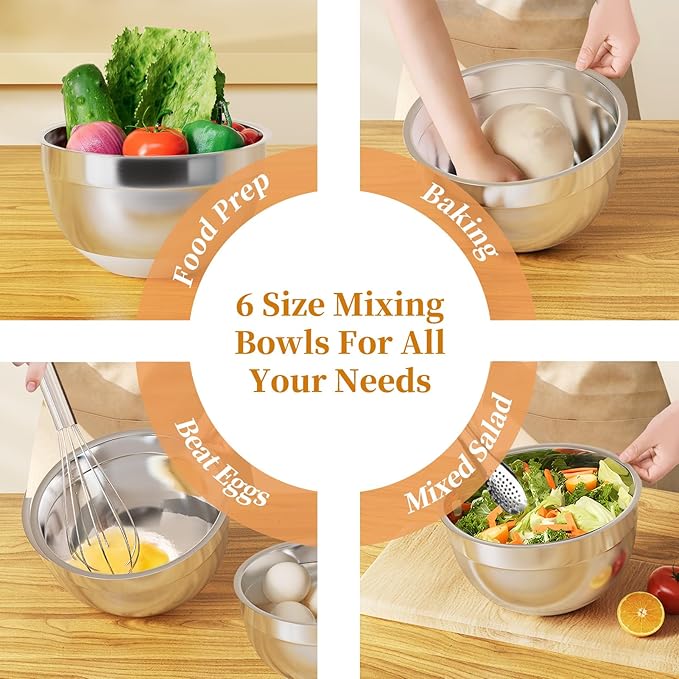 Fyrnova Mixing Bowls with Lids Set, 6 Piece Stainless Steel Nesting Storage - Image 7