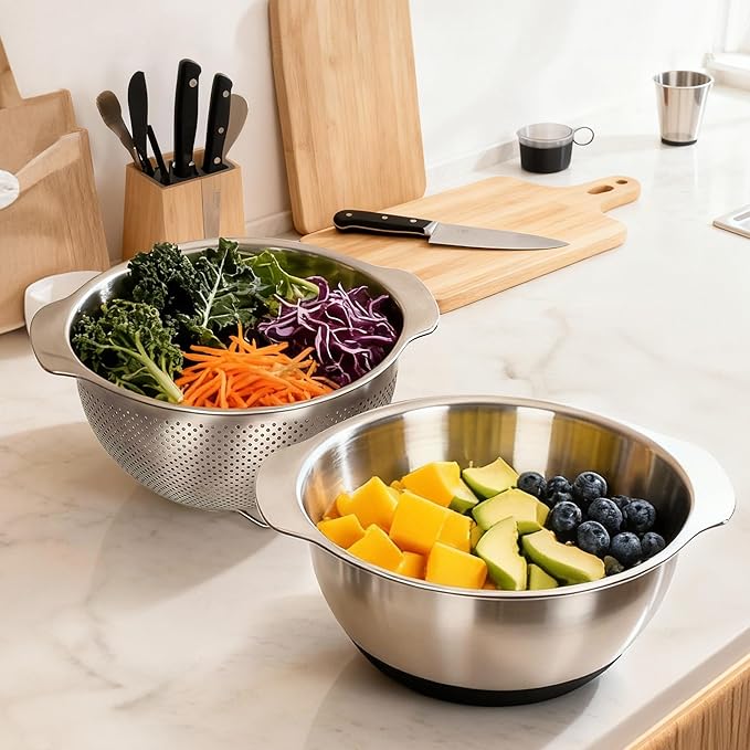 304 Stainless Steel Colander, 2.5 QT Capacity and 2.5 QT Mixing Bowl, Micropore - Image 3