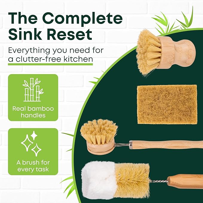 Tieralia Bamboo Dish Brush Set 5 Piece – Eco Friendly Kitchen Cleaning Kit - Image 7