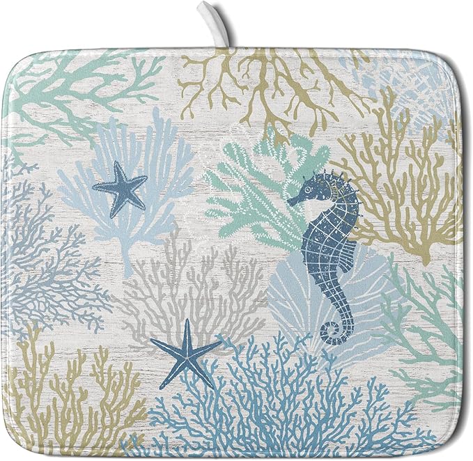 Blue Coral Dish Drying Mat Coastal Starfish Dishes Pad Hanging Drainer Mats by Giwawa