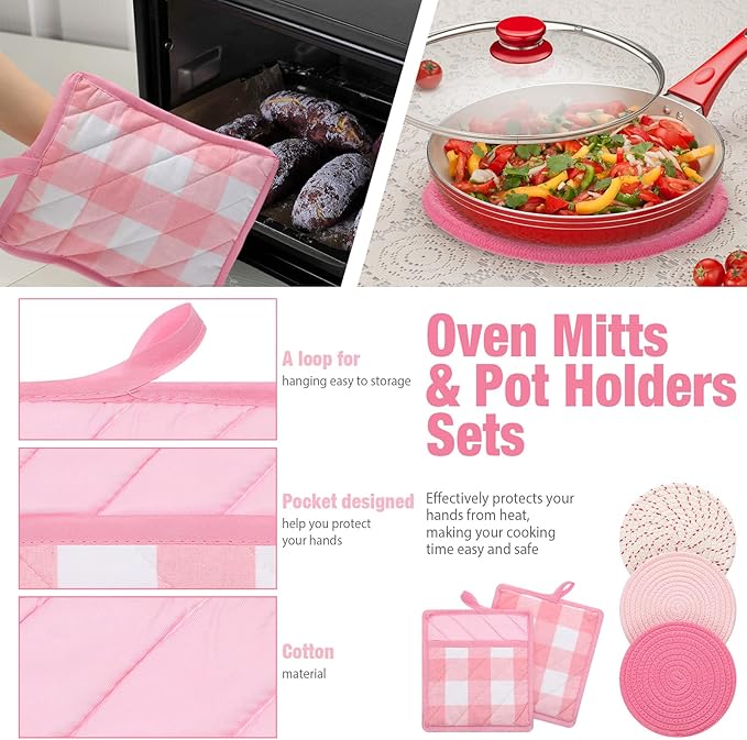 Sumind Pink Oven Mitts and Pot Holders 7 Sets, Heat Resistant Kitchen Gloves - Image 5