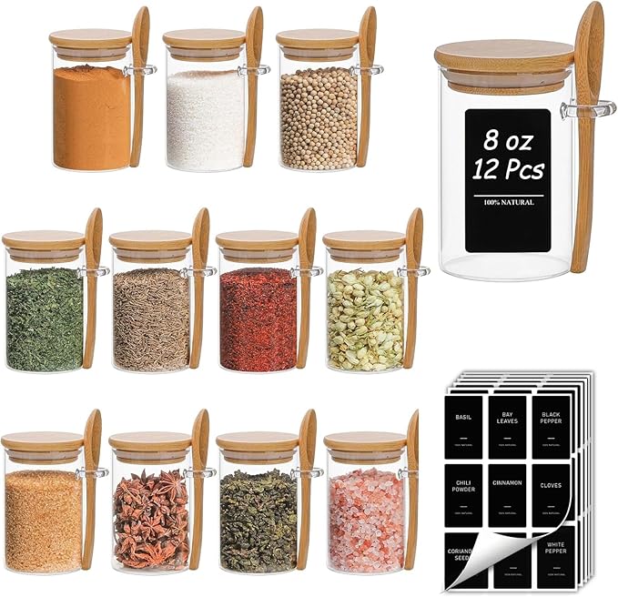ComSaf 12 Pcs Glass Spice Jars and Spoons, 8oz Glass Containers by ComSaf