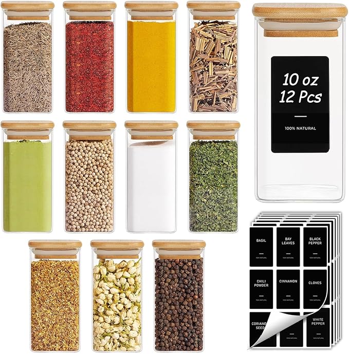 ComSaf 12Pcs Spice Jars with Labels, Glass Jar with Bamboo Lid, 10oz Airtight by ComSaf
