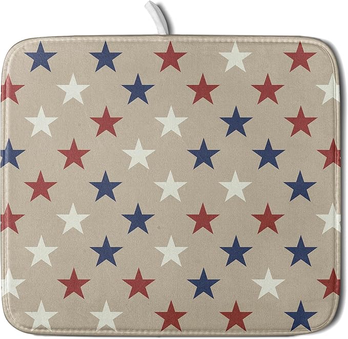 Patriotic July of 4th Blue Red White Star Dish Drying Mat by Aytipun