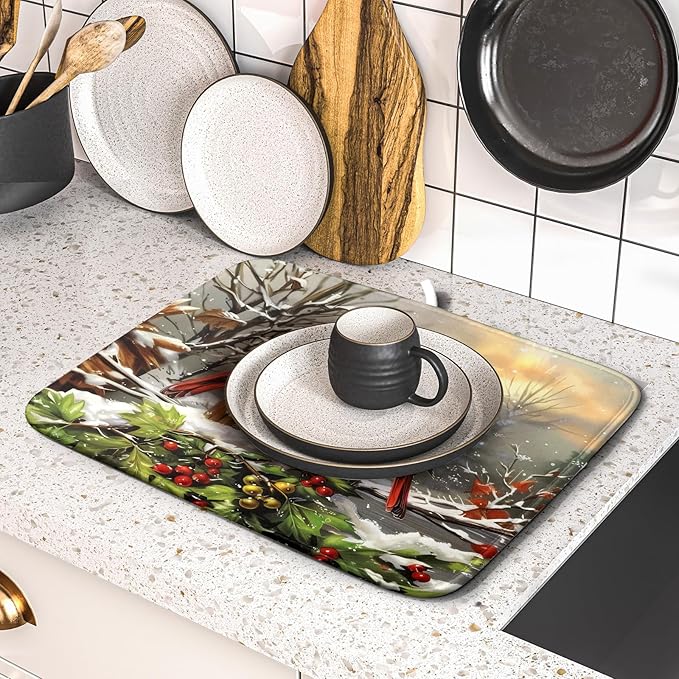 Winter Dish Drying Mat for Kitchen Counter 16x18 Inch Red Birds Cardinal Tree - Image 5